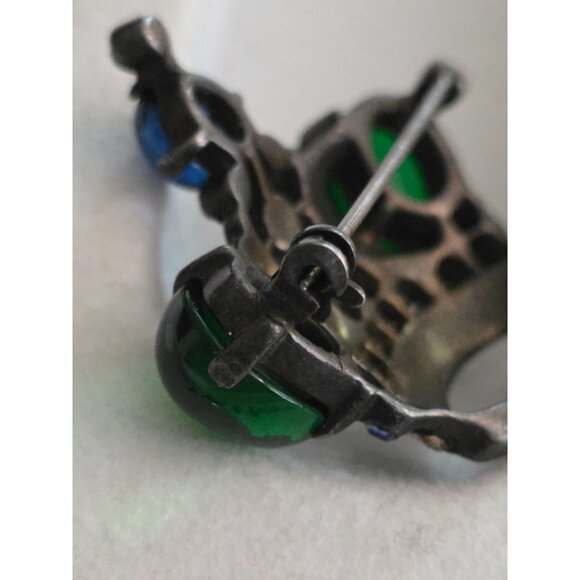 Trifari Alfred Phillippe Sterling Silver Crown Brooch Green Cabochons Rhinestone - Picture 2 of 8